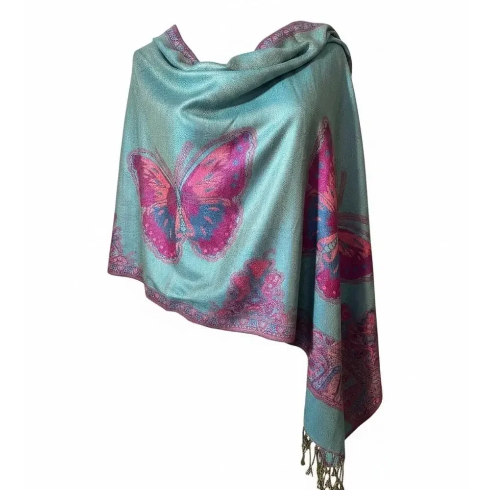 100 % Cashmere Pashmina Reversible Teal and Pink Butterflies and Medallion NWT